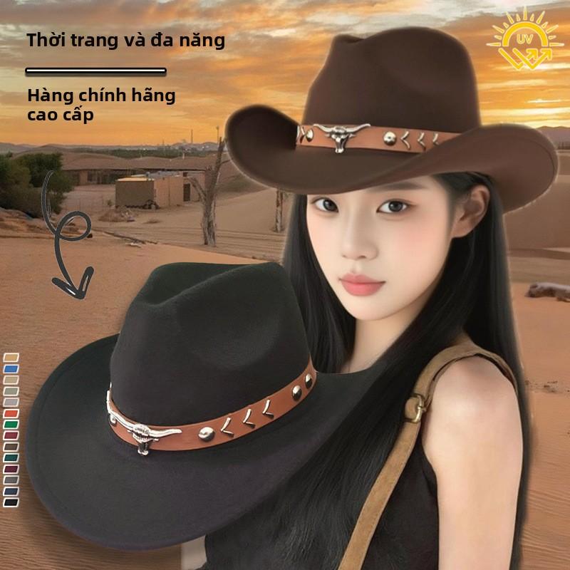 Mũ cao bồi len unisex dành cho nam nữ – Mũ Fedora phong cách miền Tây cổ điển với biểu tượng đầu bò, mũ vành cong bằng vải nỉ, mũ thời trang thường ngày cho mùa xuân thu.