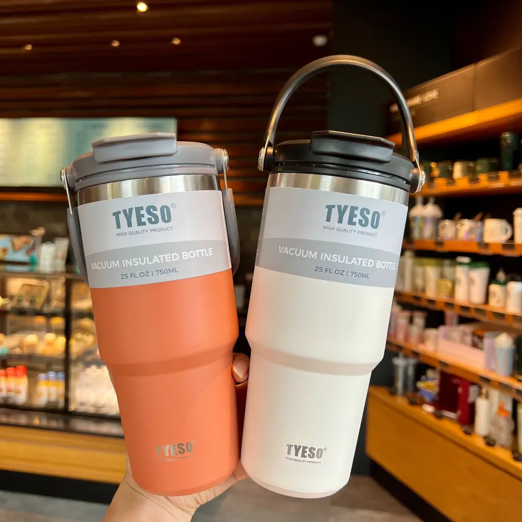 TYESO 30oz IceFlow Tumbler with Handle and 2-in-1 Straw Lid, Stainless Steel Double Wall Insulated Sweat Proof Travel Mug Iced Coffee Cup Water Bottle, Cold for 12 Hours or Iced for 1 Day