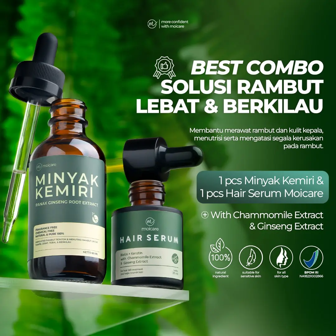 MOICARE 2 PCS PAKET Hair Serum & Minyak Kemiri Penumbuh Pelebat Rambut Hitam