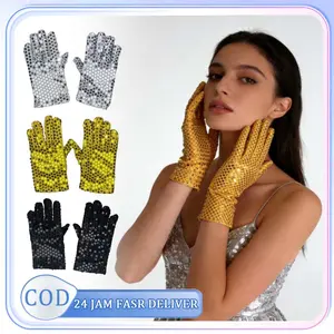 1 Pasang Sarung Tangan Cosplay Anak Perempuan Pesta Sequin Metalik Pendek
