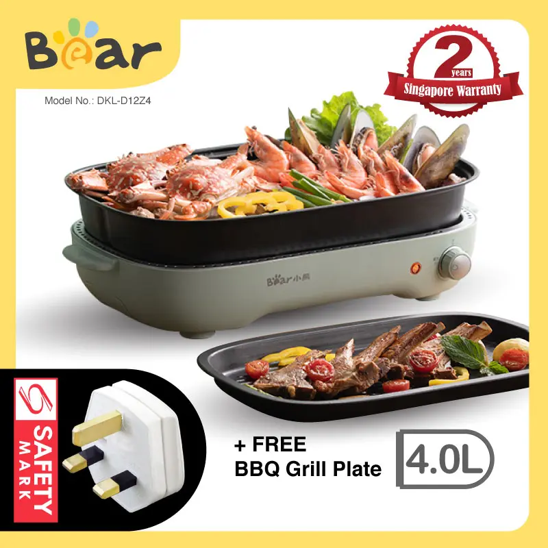Last piece clearance PowerPac x Bear Steamboat with Removable BBQ Grill and Steamboat Pot, 2 in 1 Multi Cooker (DKL-D12Z4)