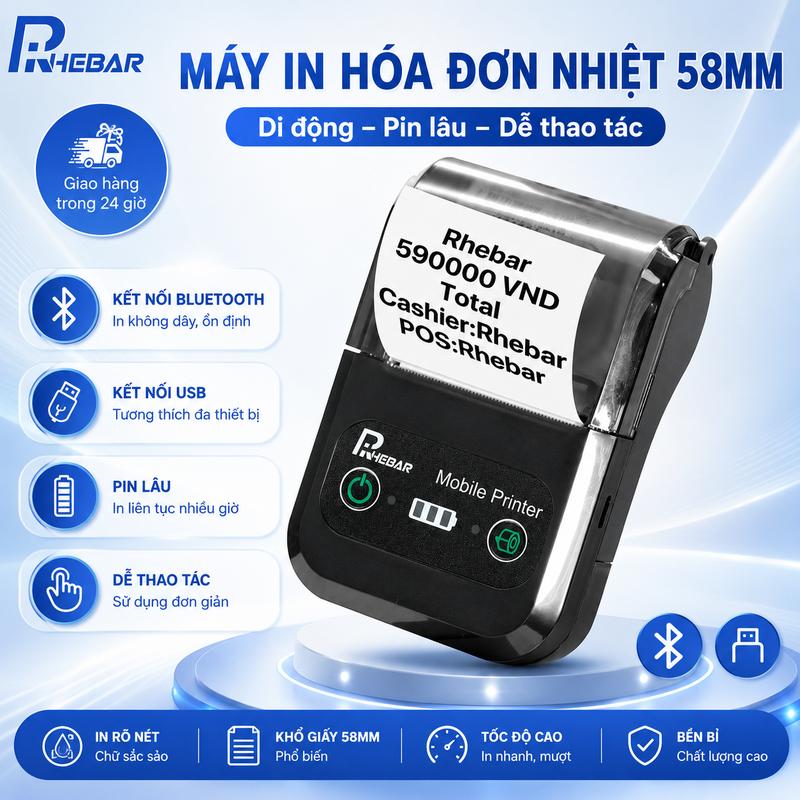 Máy In Hóa Đơn Nhiệt 58mm, Kết Nối Bluetooth, Kết Nối Qua Bluetooth Với Nhiều Phần Mềm Bán Hàng, Dùng Cho Cửa Hàng Và Nhà Hàng