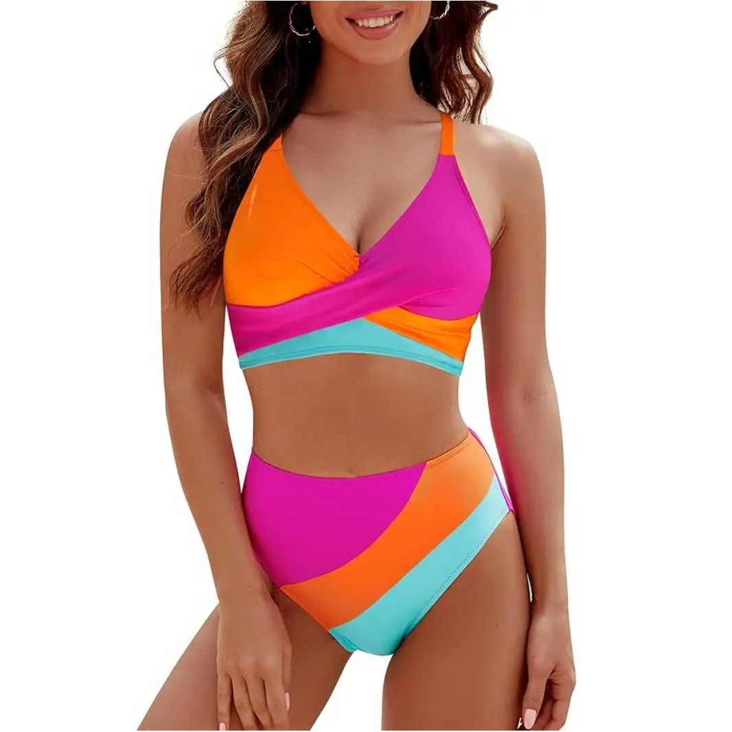 Womens High Waisted Bikini Sets Criss Cross Two Piece Swimsuits Color Block Full Coverage Bathing Suits
