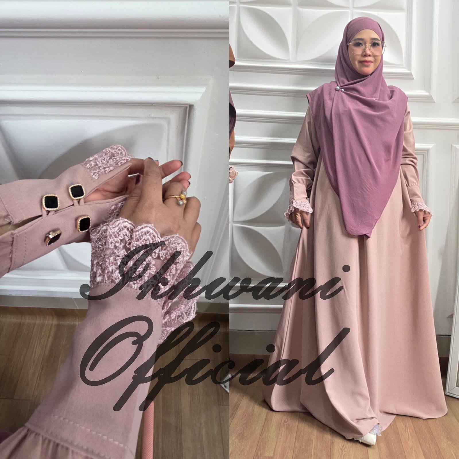 Abaya YASMIN NUA Ikhwani tangan kancing variasi renda Abaya umroh haji muslimah syar'i