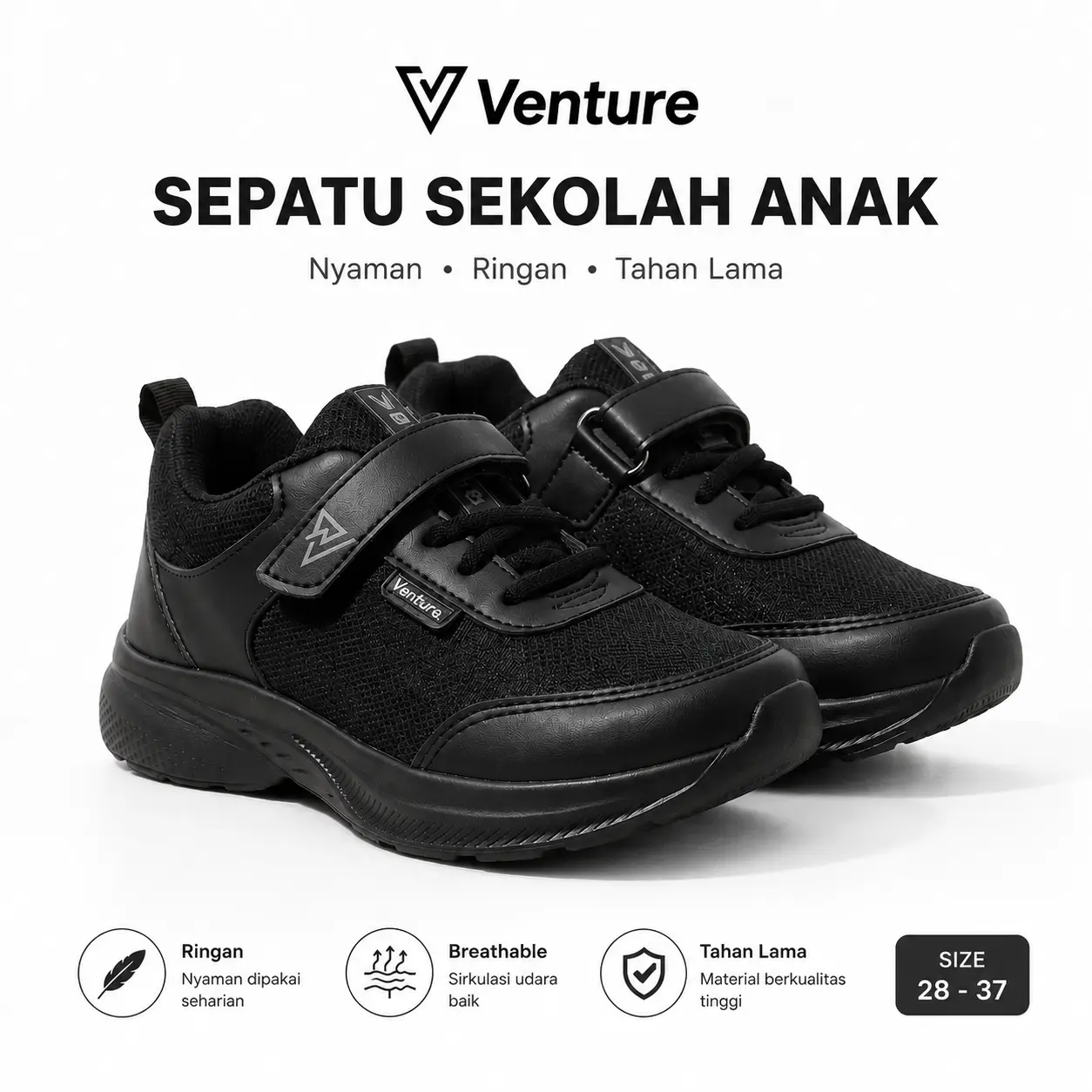 Venture Sepatu Sekolah Anak Hitam Putih Perekat Velcro Sneakers Anak Ringan Anti Slip Anti Licin Nyaman Sol Empuk Untuk TK SD SMP