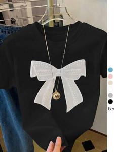 レディースのボウプリントのラウンドネックTシャツ、カジュアルな半袖Tシャツ、オールシーズンのレディース服、ショートスリーブトップ