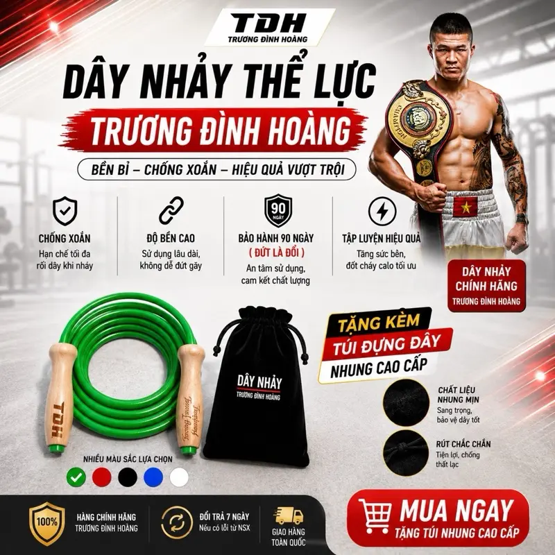 Dây Nhảy Thể Lực Trương Đình Hoàng - Tăng Sức Bền Cơ Bắp, Chân Linh Hoạt, Phù Hợp Boxing Muay Thai MMA, Chiều Dài 3m, nặng 450gr, Tặng Túi Đựng Nhung Cao Cấp - 1