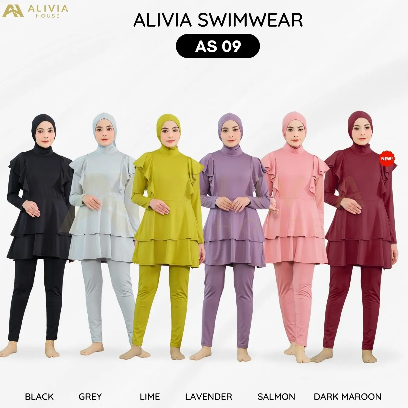 ALIVIA SWIMWEAR AS09 Baju Renang Muslimah Dewasa Wanita Remaja livina (nylon mix spandex) 60% Nylon 40% Spandek Elastis Ringan Cepat Kering Setelan Hijab Baju Celana Ruffle Zipper Tali Serut