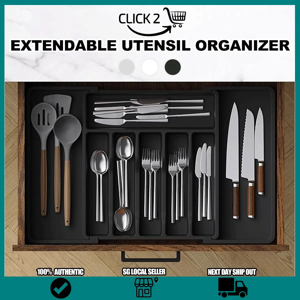 SG Kitchen Organizer Drawer / Expandable Cutlery Organizer / Utensil Cutlery Holder / Expandable Kitchen Storage Tray / Fork Spoon Organizer