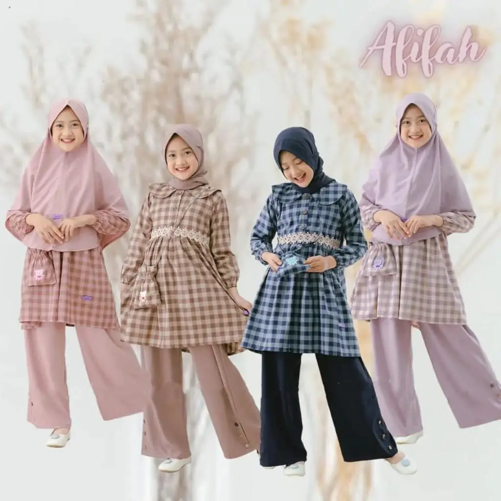 Stelan Anak Perempuan Terbaru / Afifah Set Kids 2in1 Baju Setelan Anak Perempuan Muslim Tanggung Premium 8 -10 Th / Stelan Anak Perempuan Lebaran Atasan Katun Celana Kerah Airflow Kancing Renda Batik Nyaman Tunik