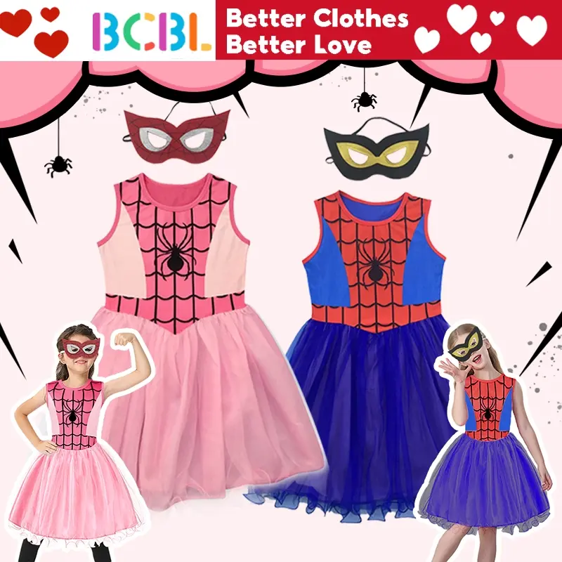 BCBL Spiderman Kids Girl Dress Halloween Party Dress 3-9 Years Blue Spider Costume with Eye Mask Cosplay Princess Tutu Dress for Girls