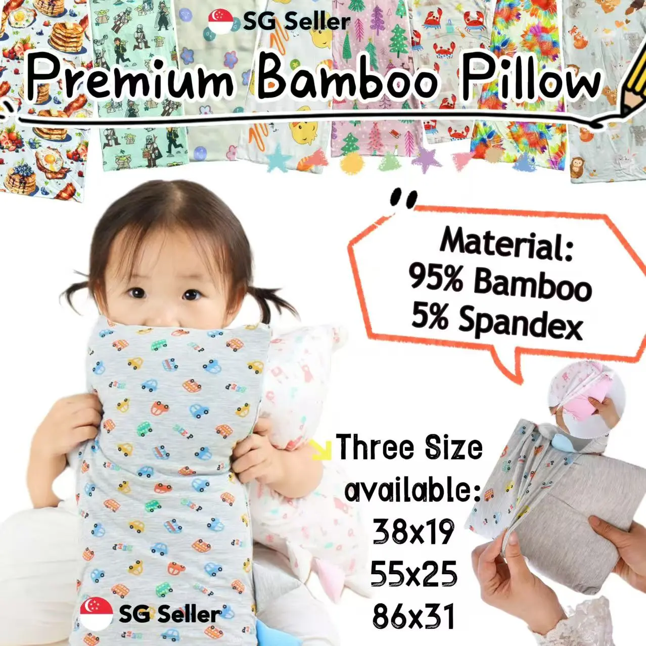 Ultra Soft Baby Organic Bamboo Pillow M Size 38cm x 19cm, Premium Quality for Soundly Sleep