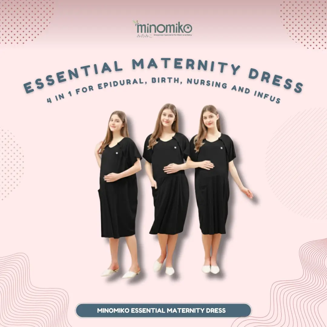 Minomiko Essential Maternity Dress 4 in 1 Baju Ibu Hamil & Menyusui Katun Lembut Kancing Praktis untuk Melahirkan & IV Infus - Wanita, Lengan, Bumil