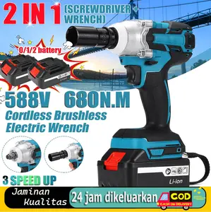 Impact Wrench Electric Wrench 388V/588V 680NM CORDLESS IMPACT 2 Baterai Cordless Electric Wrench Rechargeable Brushless Bor Impact Wrench