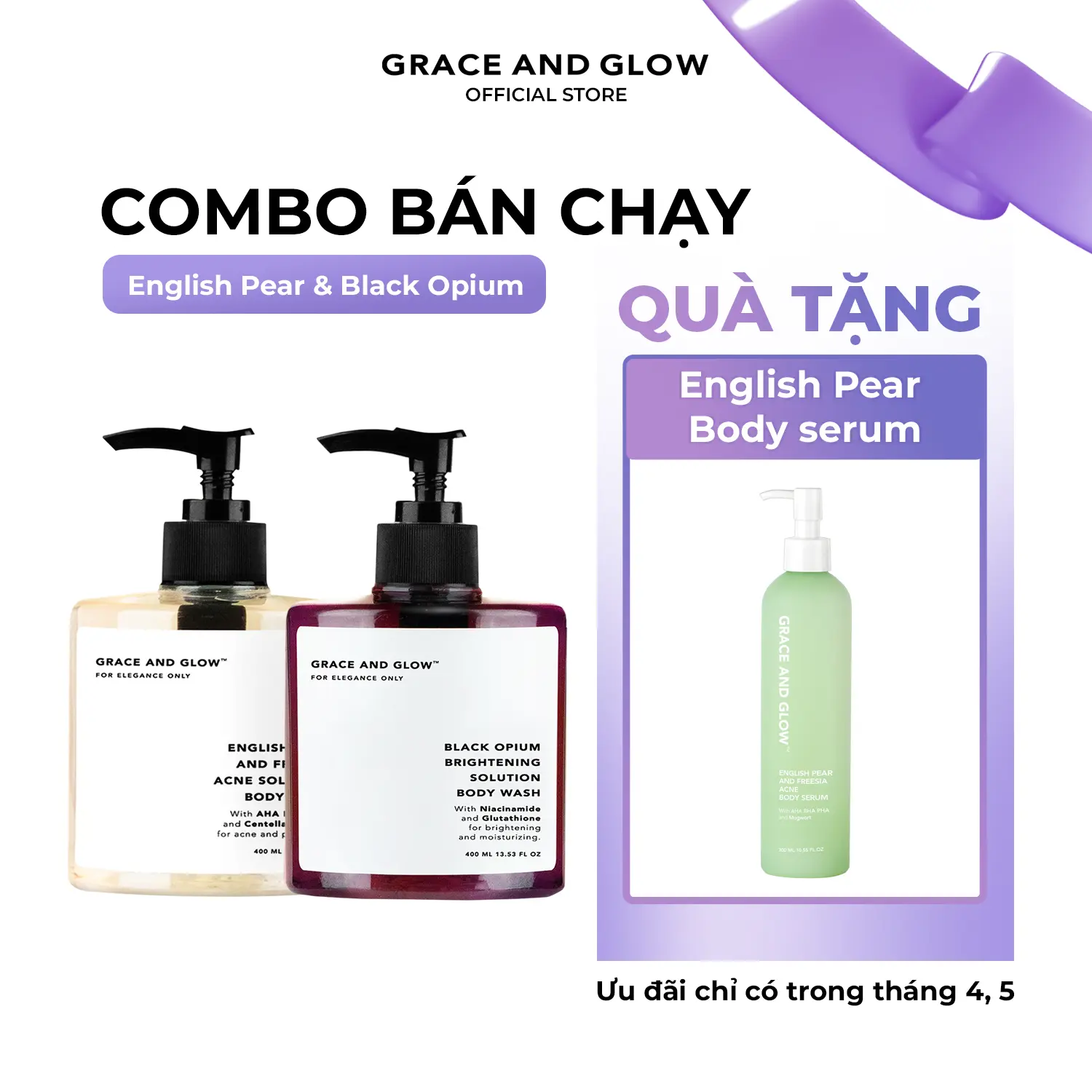 [Tặng quà giá không đổi] 2 in 1 Combo bán chạy sữa tắm nước hoa Grace and Glow 400ml + 400ml