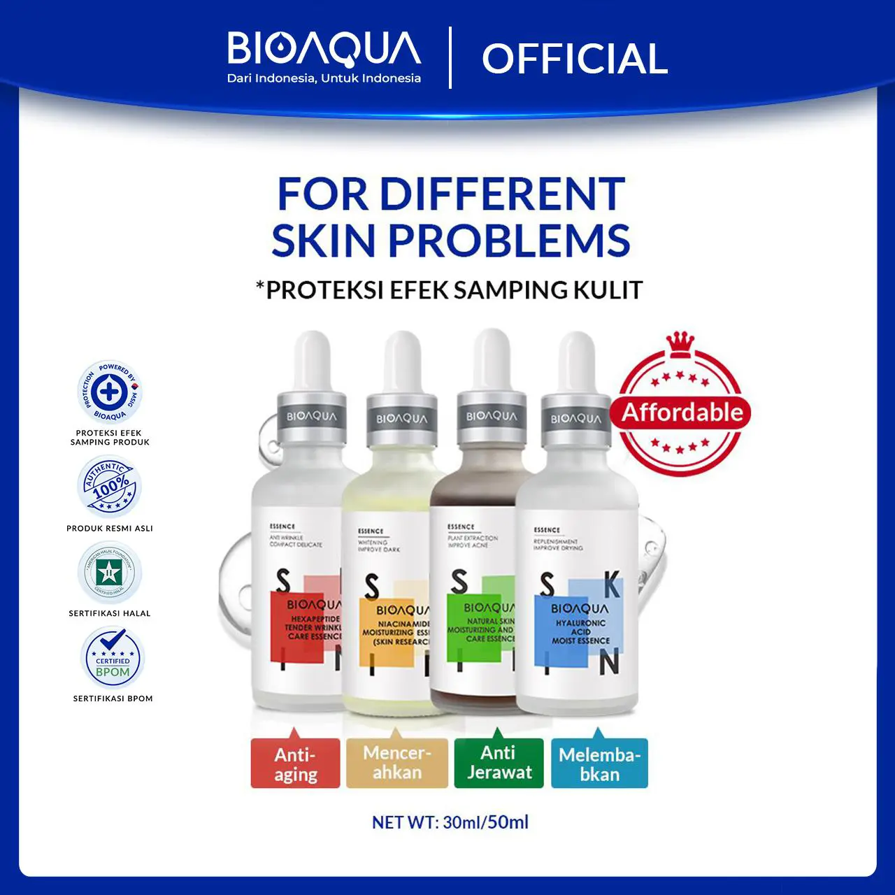 【BPOM】BIOAQUA Niacinamide Essence mencerahkan wajah glowing brightening Serum &Hexapeptide Tender Wrinkle Care Essence&Natural Skin Moisturizing And Acne Care Essence untuk jerawat & Hyaluronic Acid Moist hydrating serum Essence 30ml