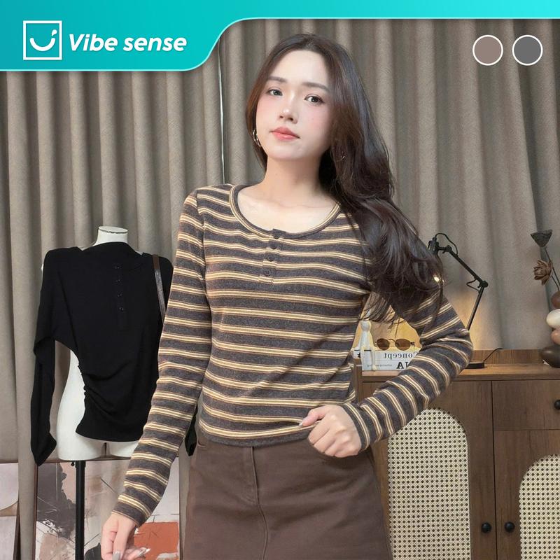 Áo Thun Dài Tay Nữ Cổ Cúc Kẻ Ngang VIBE SENSE, Áo Henley Kẻ Ngang Dáng Ngắn VBA201