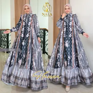 Nalafashion Talita Maxy Dress Silk  Ziper Depan Aksen Rempel Pundak Tali leher pergelangan tangan smoke bawah lebar mayung
