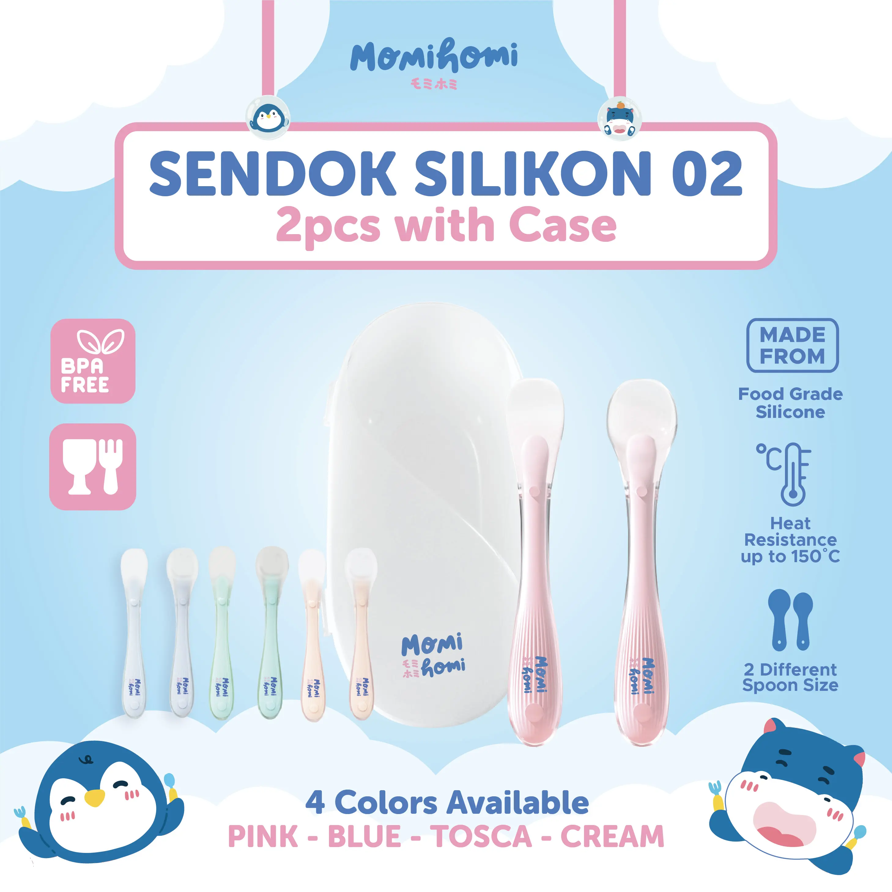 Momi Homi Sendok Makan Bayi Silikon Isi 2 pcs Sendok Mpasi Peralatan Makan Bayi Silicone BPA FREE Lentur Tahan Panas Biru