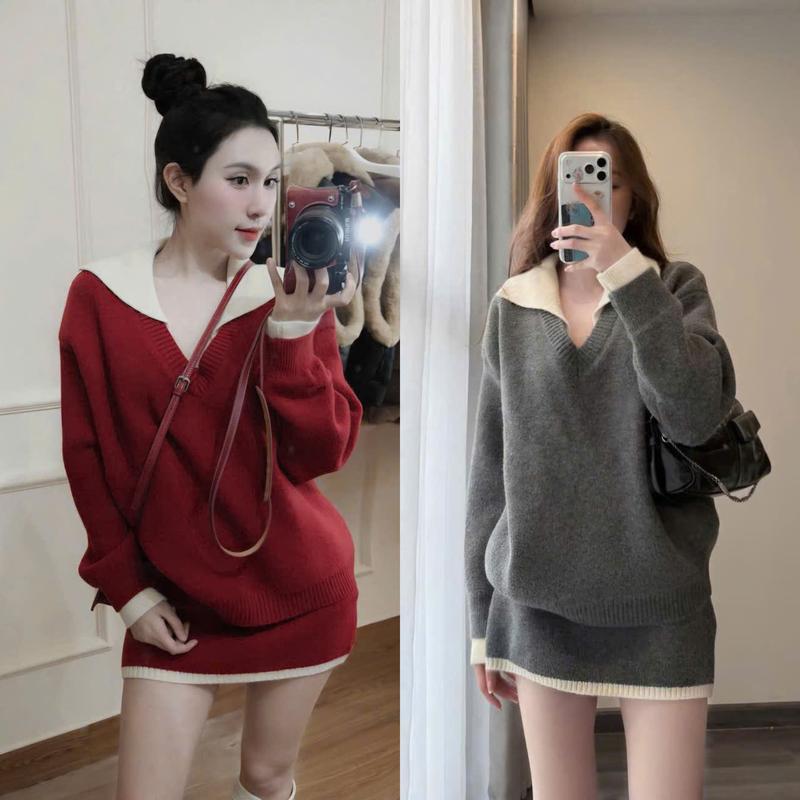 [ Hàng QCCC] Set len phối màu viền cổ bẻ phối màu kèm chân váy a trẻ trung