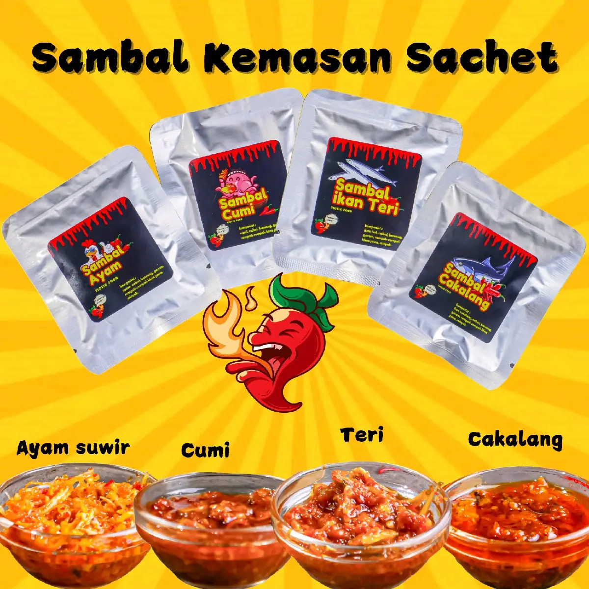 Sambal Sachet Kemasan 25g Ayam Suwir Baby Cumi Cakalang Pedas Mantap Bawang - Food, Instan
