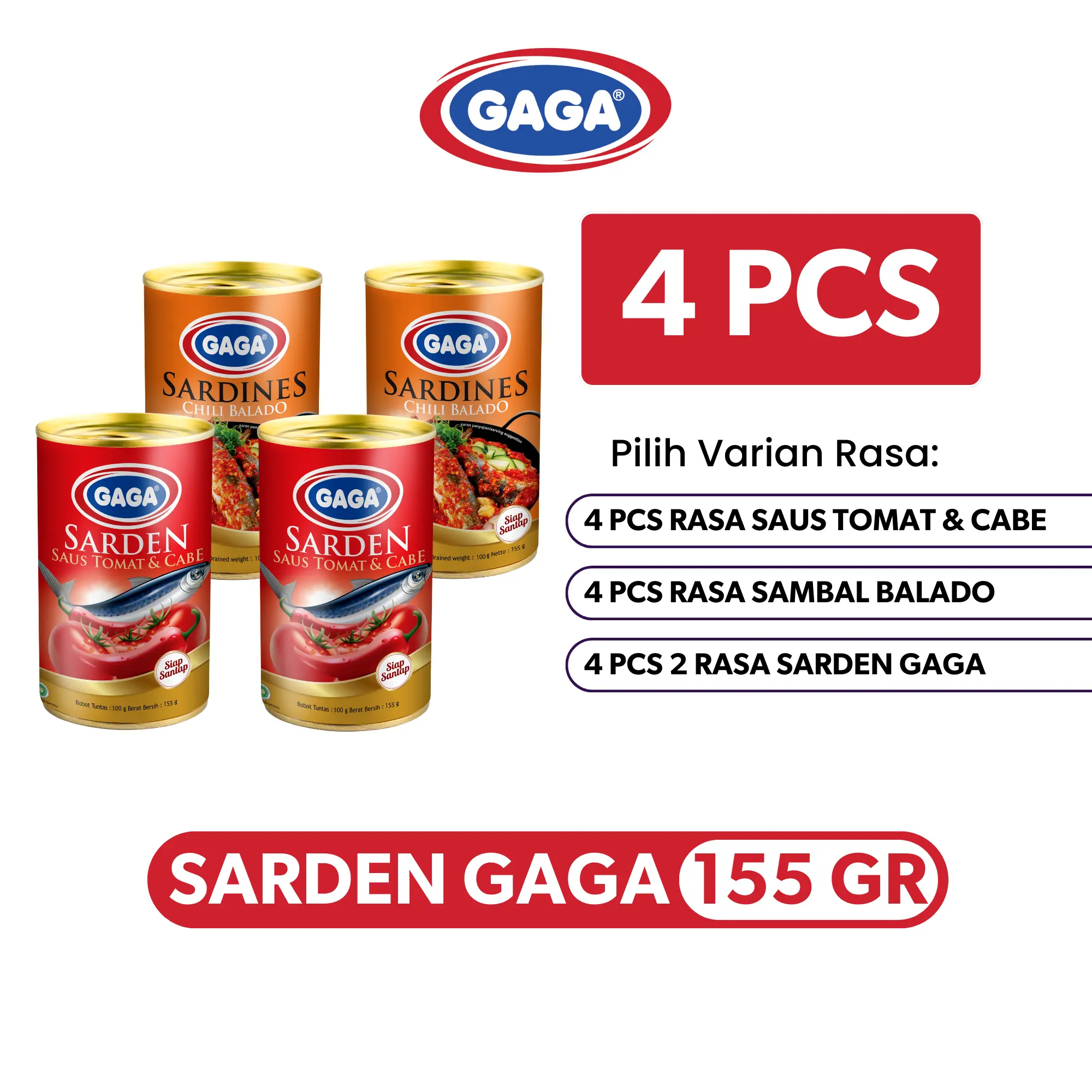 4 Kaleng Sarden GAGA 155gr Pilih Varian Rasa (Saus Tomat & Cabe, Balado) Food Ikan Makanan Masakan