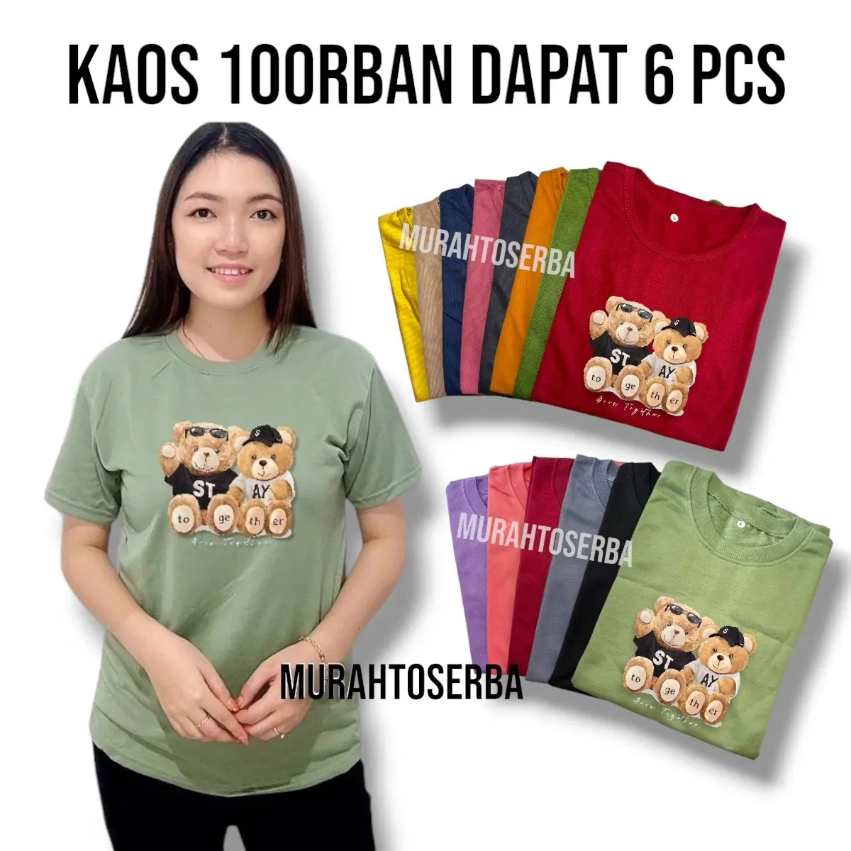 90rb Dapat 6 Pcs Kaos Wanita Motif Grow Together Lengan Pendek Slim-fitting Bahan Babyterry Cocok Untuk Santai Baju Lembut Atasan Cewek