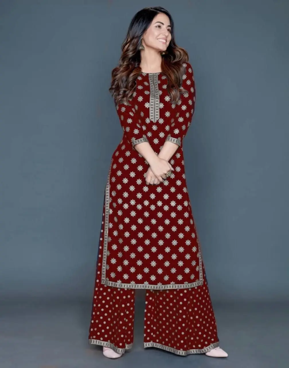 New Plus Size Ready To Wear Beautiful gold print Rayon kurti + plazzo pant Womenswear Suits Women Longsleeve Fabric Maroon Fabric Maroon Check Overalls Party Lingerie Lady Comfort Trouser Clothing Dress
