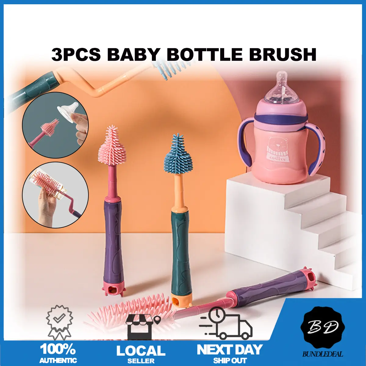 [SG] 3pcs Baby Bottle Cleaning Brush/ 360 degrees Bottle Brush/ Nipple Head Brush/ Straw Brush/ No Dead Angle Brush