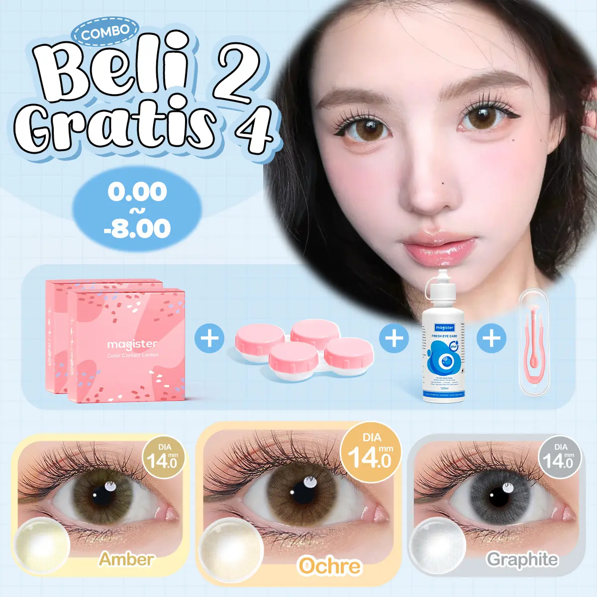 【Recombinasi】Magister Softlens DIA 14mm Cokelat Natural Ochre Brown Lens Kontak Minus 0.00~-8.00 Abu-abu Frost Icy Gray Lensa Beli 2 Dapat 2 with Cairan