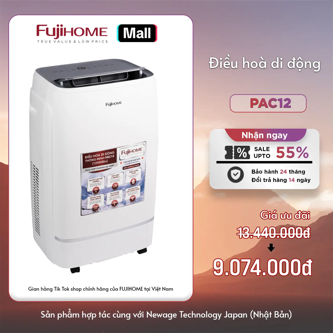 Điều hoà di dộng Fujihome PAC12 công suất lớn 12.000BTU, máy lạnh di động 4 chức năng (làm lạnh, quạt, lọc không khí, hút ẩm) bảo hành 24 tháng