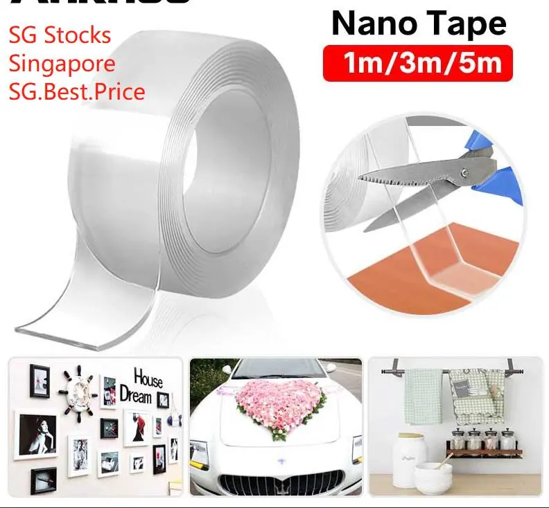 3M 5M Magic Nano Tape Transparent Reusable Waterproof Adhesive Tape Double Sided Cleanable Tape Home Gekkotape Double Sided Removable Waterproof Strong