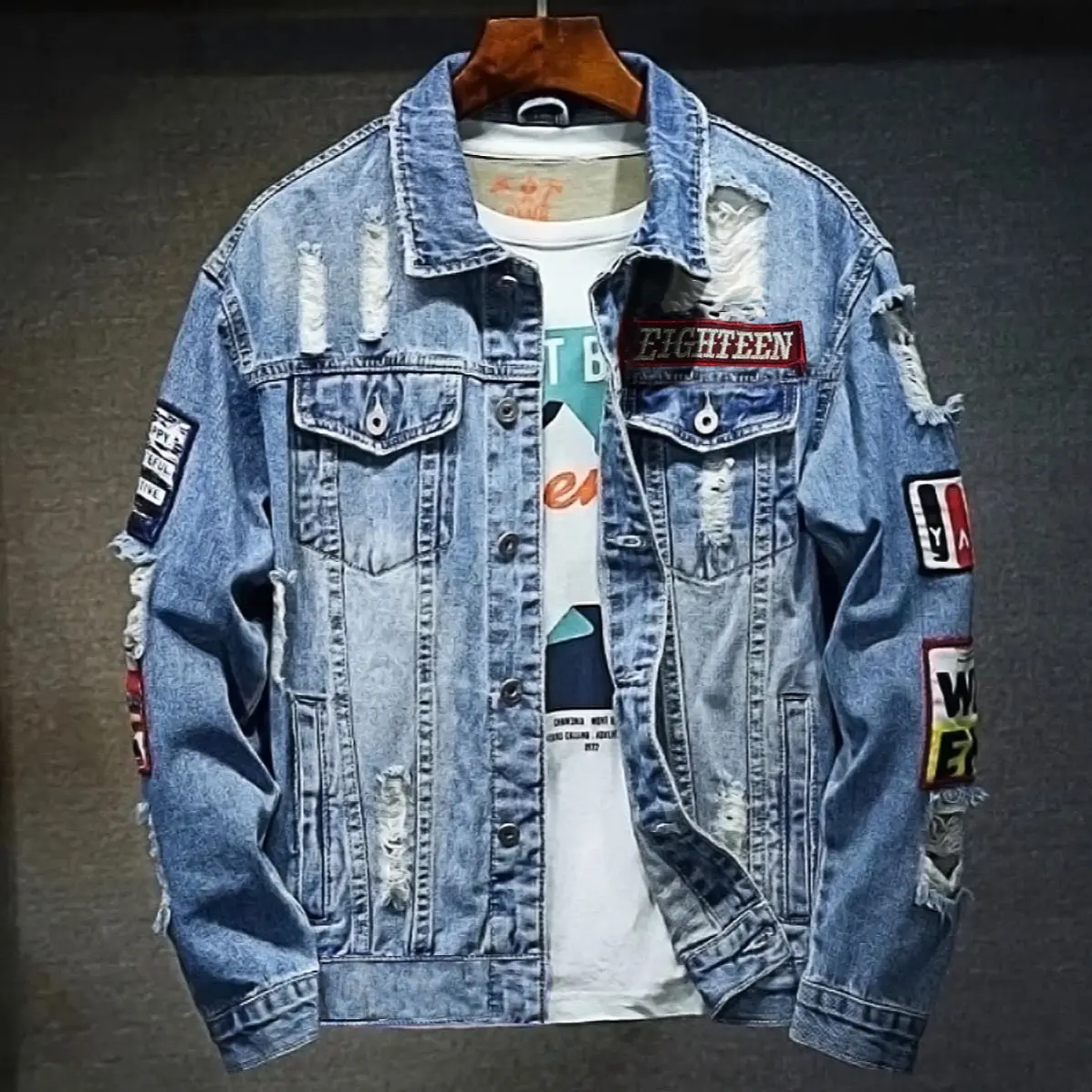 jaket jeans model emblem terbaru full bordir atasan casual unisex pria bahan denim