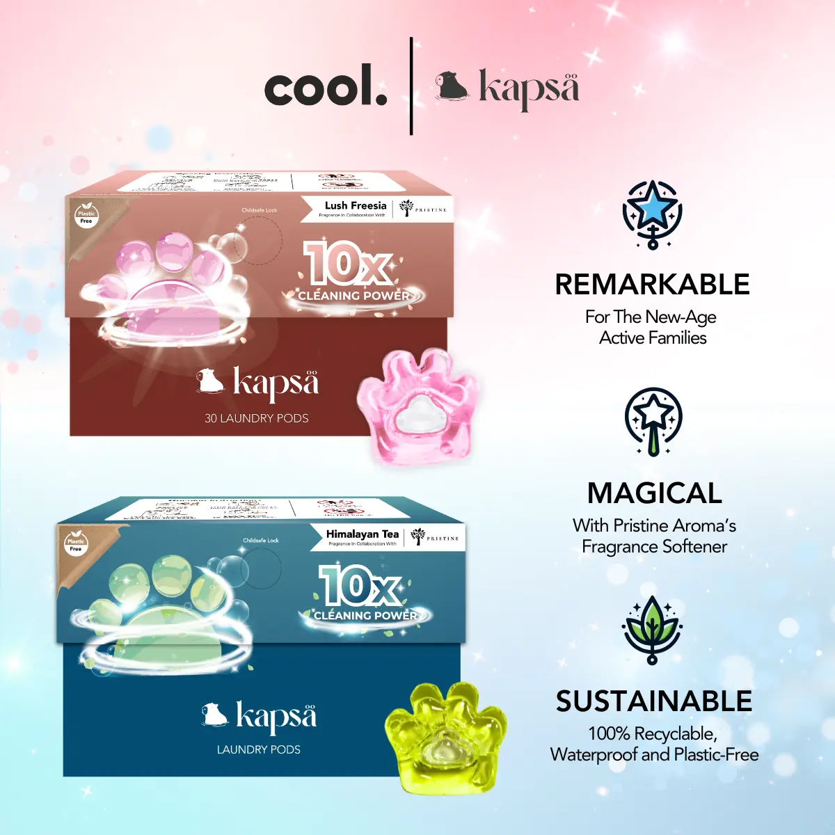 Kapsa Laundry Pods - 30 Capsules | 10-in-1 Detergent Fragrance Softener | 10X Cleaning Power | Stain & Odour Removal | Low Suds For Sensitive Skin | Top Load & Front Load Washer | Eco-Friendly