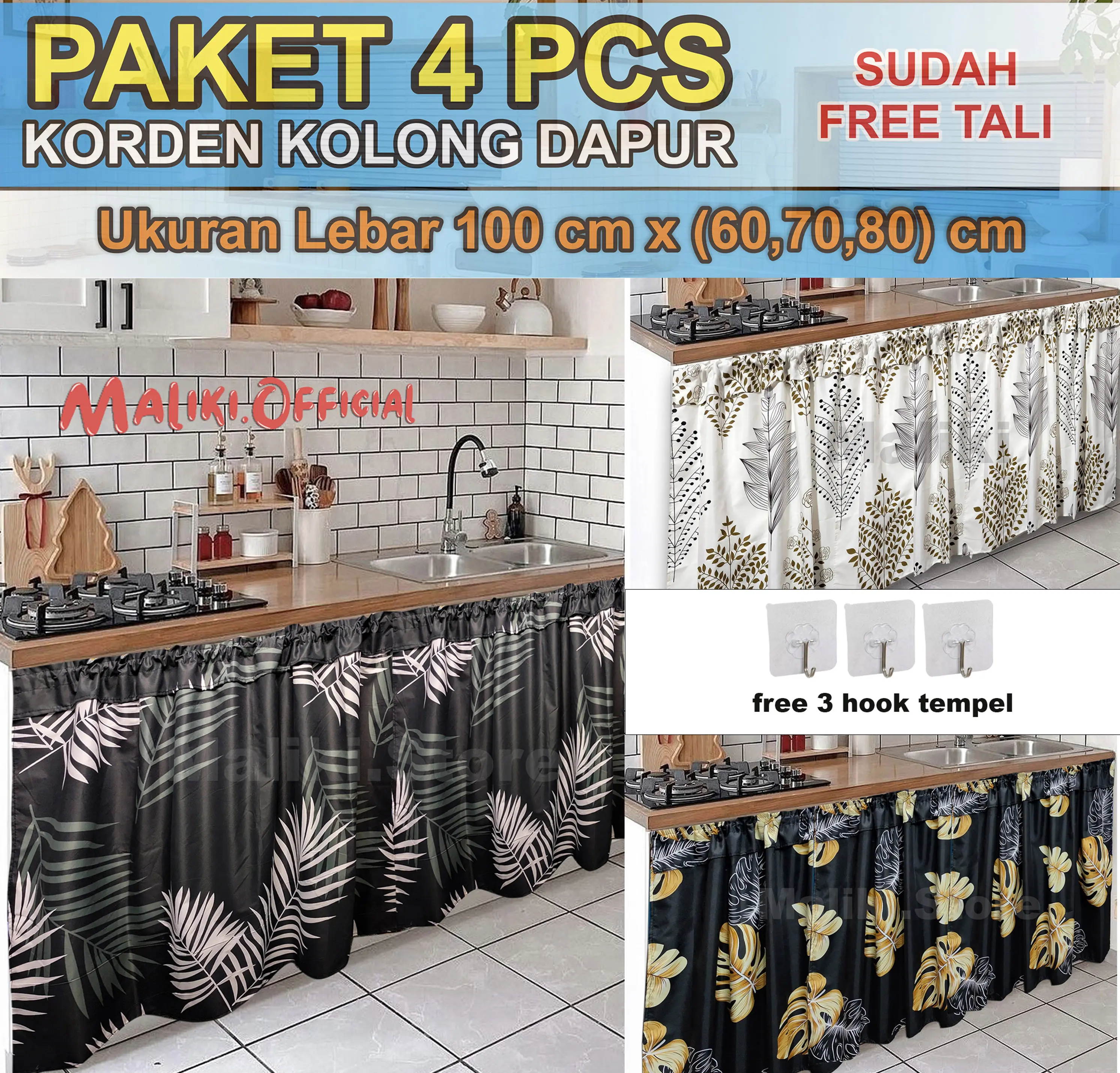 Paket 4 Gorden Kolong Dapur Aestetik Anti-Susut dan Tahan Kerutan dengan Bonus Tali dan 3 Hook Tempel - Curtain gorden  dapur