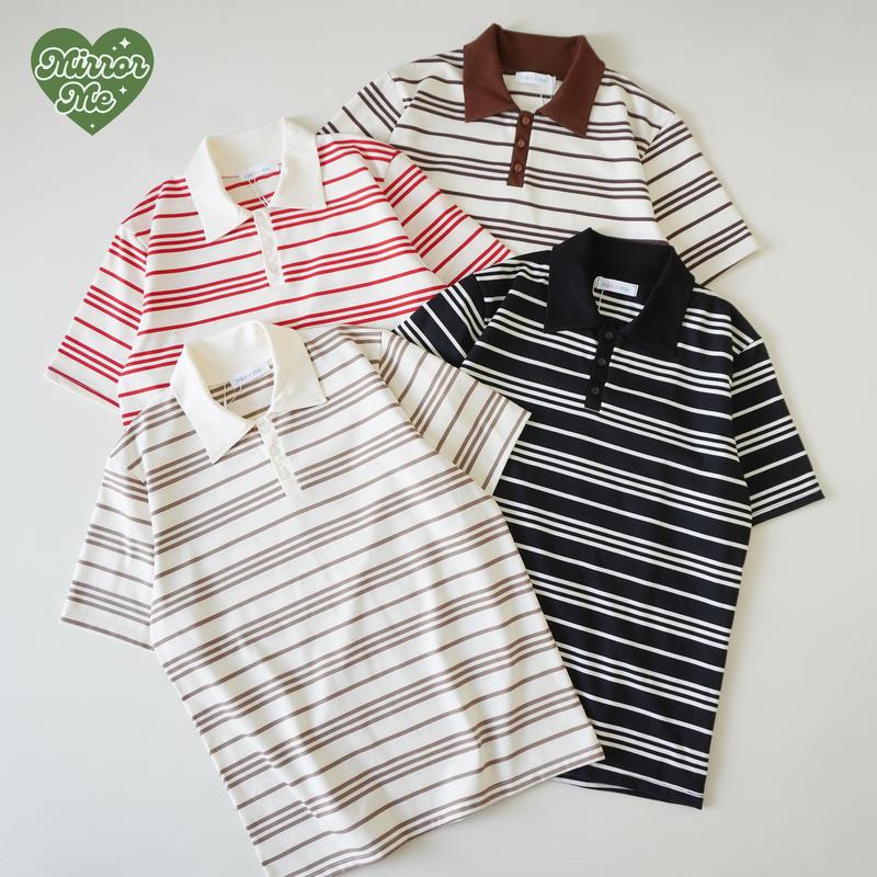 mirrorme เสื้อโปโลริ้ว Oversize แขนสั้น กระดุมหน้า ทรงสวย ผ้านิ่ม ใส่สบาย