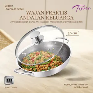 Wajan Stainless Steel Honeycomb 30 cm Anti Lengket | Food Grade 555 + Tutup Kaca