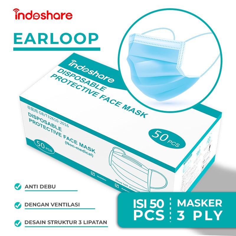 Indoshare Masker Earloop 3ply 1box isi 50pcs - Biru