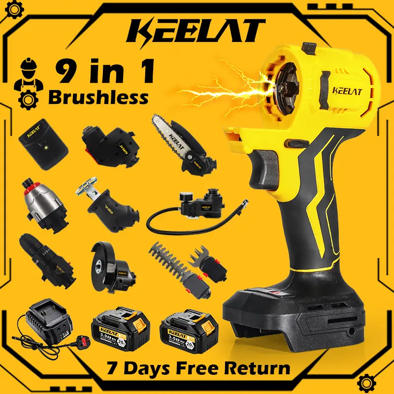 KEELAT  9 in 1 Brushless Impact Drill Cordless Can DIY Reciprocating Saw Sander Chainsaw Power Bank Multifunction Tool 9 In 1 Multifunction Electric Tool