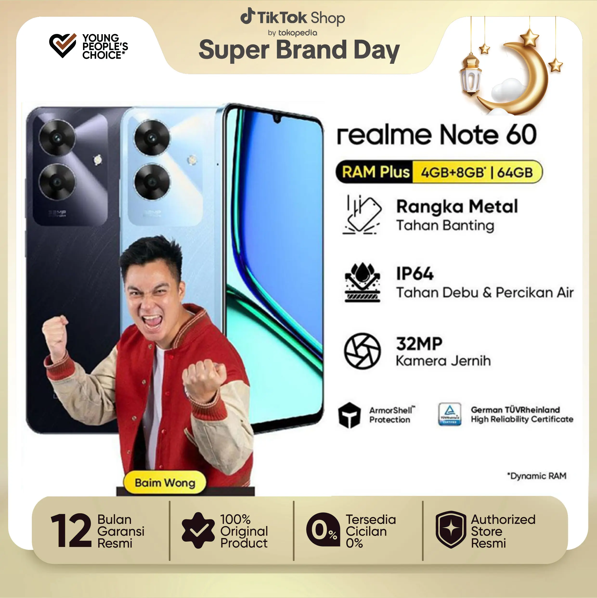 【Exclusive Baim Wong】Official realme Note 60 4GB+8GB*|64GB (ArmorShell Protection | TÜV Rheinland | 32MP Camera| 48-month Fluency | IP64 Dust & Water Resistance) Bluetooth Kamera Tws Blue