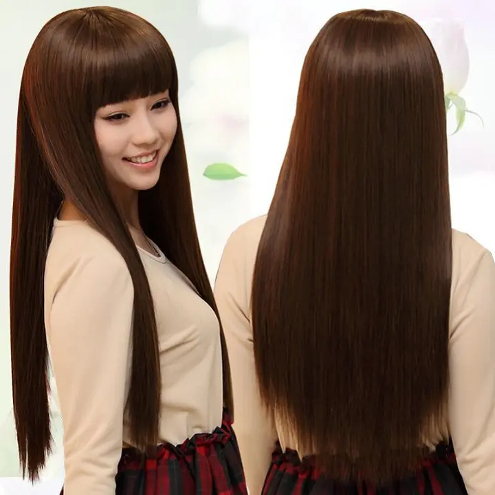 Pretty Wig Female Long Straight Hair Side Bangs Wig Female Whole Top Wig Sheath Jiafa Sweet Face Repair Realistic