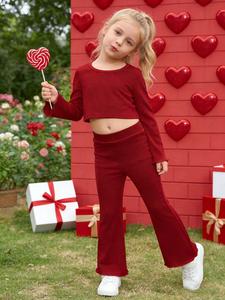 Conjunto casual deportivo de manga larga para niñas, top corto y pantalones acampanados, tela cómoda y transpirable, perfecto para primavera y otoño, actividades al aire libre, casual de día, baile