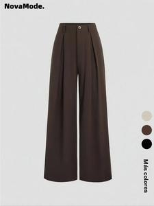 Pantalones de pierna ancha plisados, elegantes y vintage para mujer, cómodos de tela, opción ideal para todas las estaciones, diseño a la moda, cintura alta