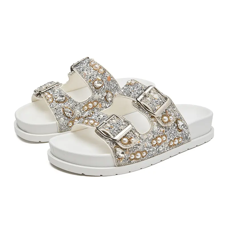 Sandália Birken Papete Feminina Luxo Strass e Pérolas com Duas Fivelas Ajustáveis Conforto Máximo Verão 2026 Meijile