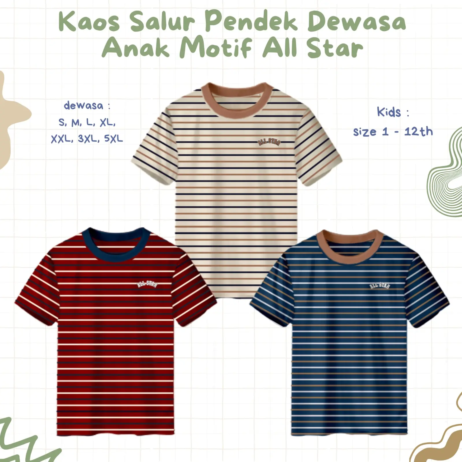 Kaos Couple Keluarga Stripe Salur Pendek Dewasa Anak All Star