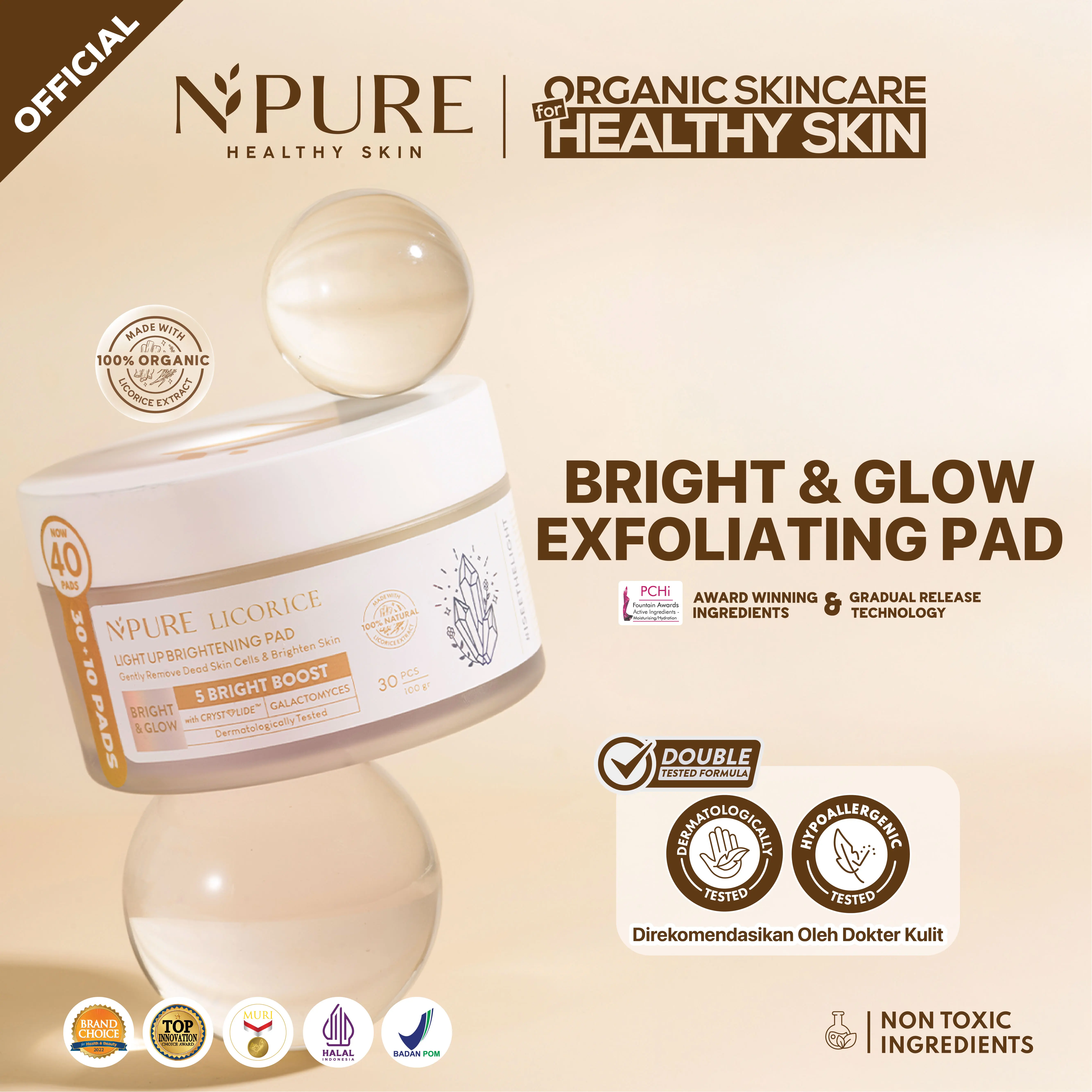 【Licorice Pad】NPURE Brightening Exfoliating Pad Licorice / Light Up / Kapas Wajah Eksfoliasi Hitam Mencerahkan Niacinamide Vitamin Pencerah Perawatan Memudarkan Ceramide Bersihkan
