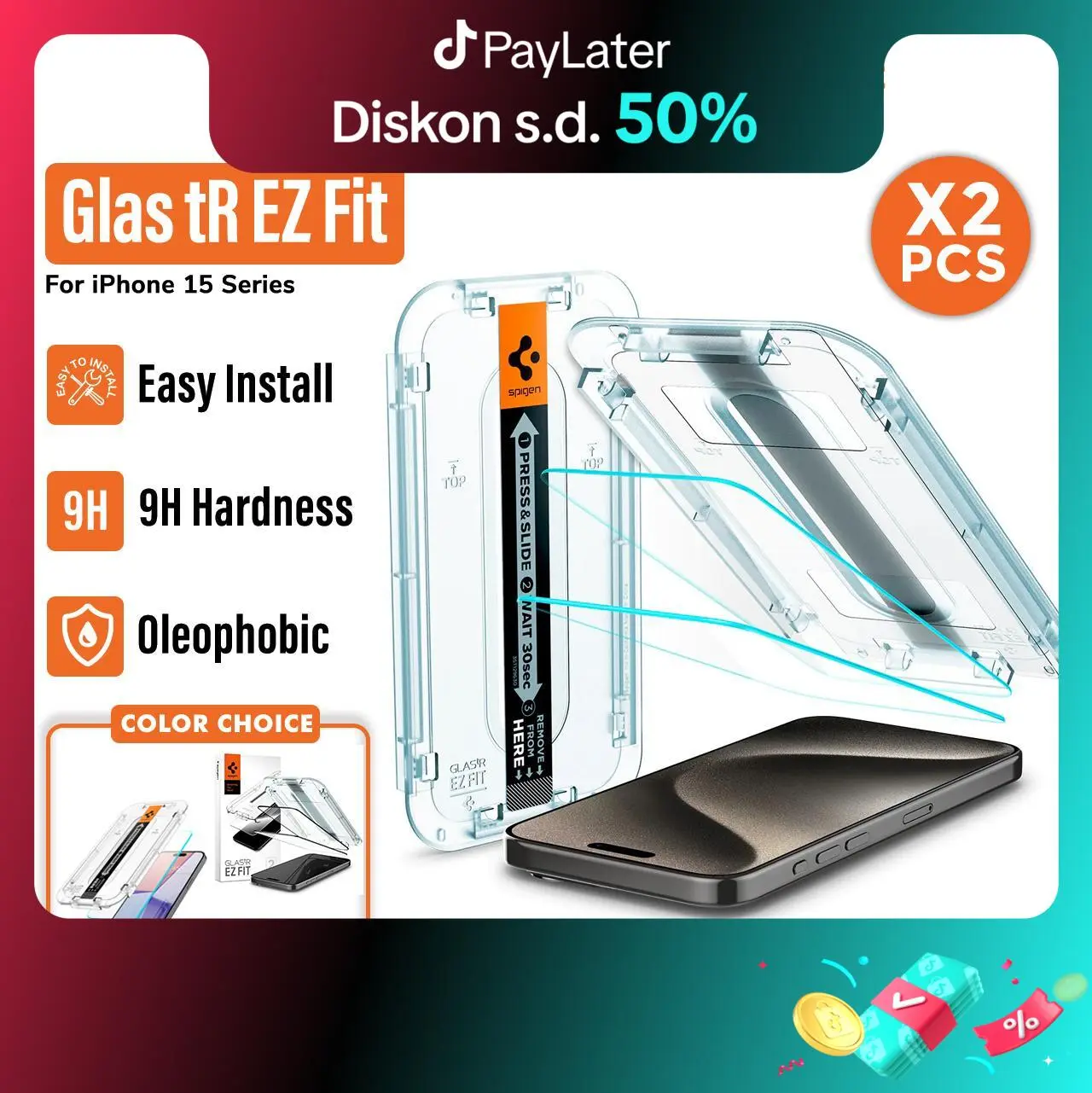 Tempered Glass iPhone 15 Pro Max Plus Spigen Glas tR EZ Fit Full Clear Anti Gores Protector