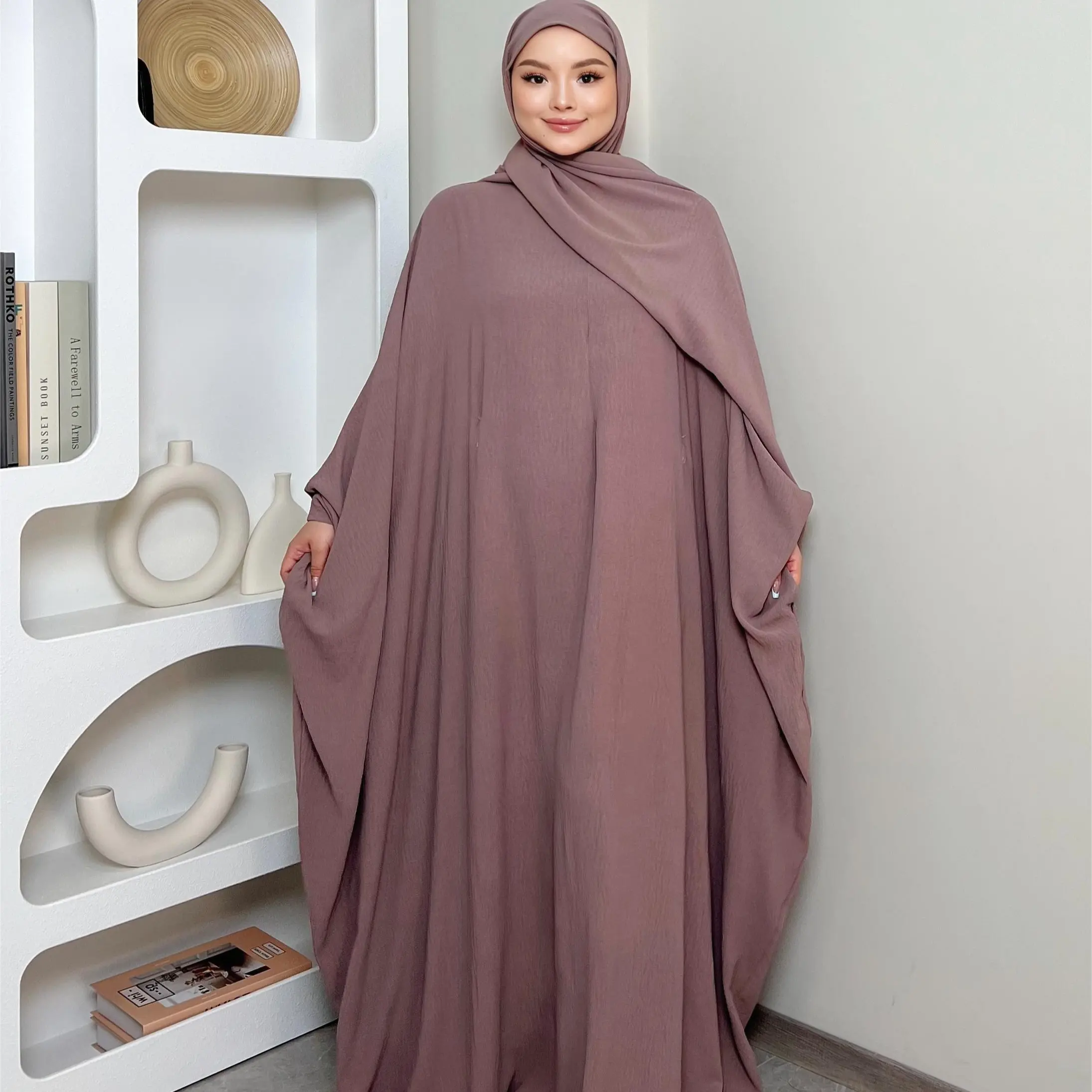LM014 Butterfly Abaya with Hijab 2 Pieces Set Batwing Sleeves Ironfree Maternity Nursing Friendly Plus Size Dress Muslim Women