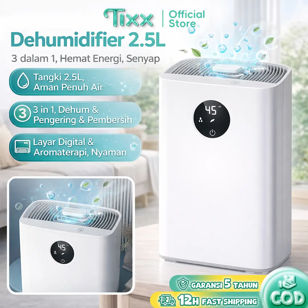 Official TIXX Dehumidifier 3-in-1 2.5L Tangki Air Visual Purifikasi Ion Negatif Aromaterapi Mode Kelembaban Konstan Cerdas Suara Rendah ≤45dB Hemat Energi 65W Cocok Untuk Rumah 30-60m² Aman Untuk Keluarga