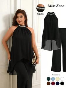 Conjunto de 2 piezas para mujer talla grande con cuello halter plisado y parches de lentejuelas, pantalón holgado de cintura alta y pierna ancha.